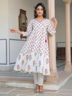 Janasya Light Cotton Floral Angrakha Kurta Set | Grocsy