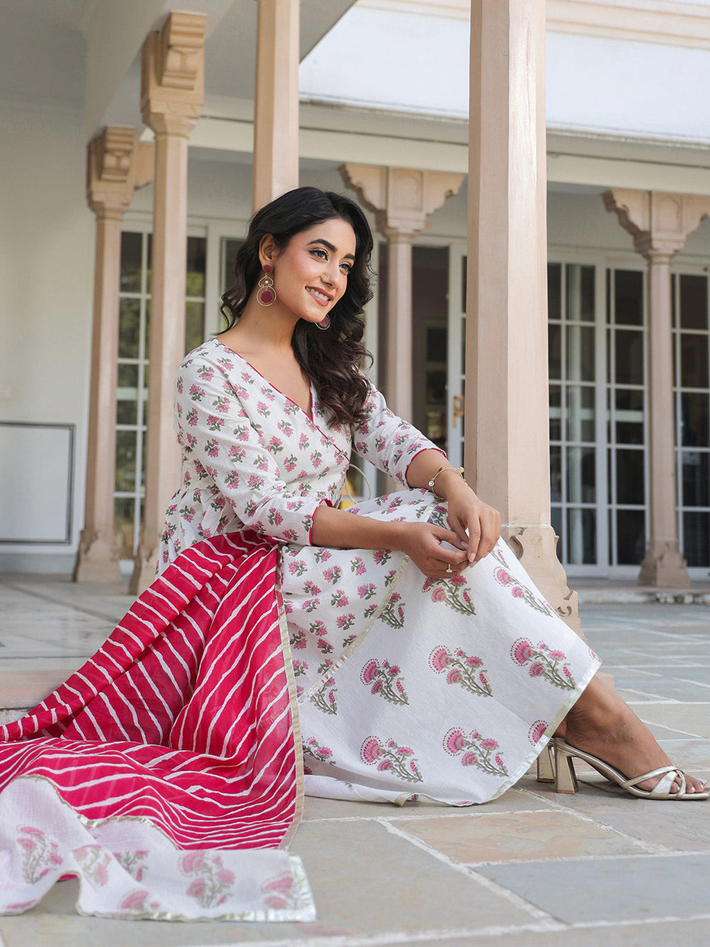 Janasya Light Cotton Floral Angrakha Kurta Set | Grocsy