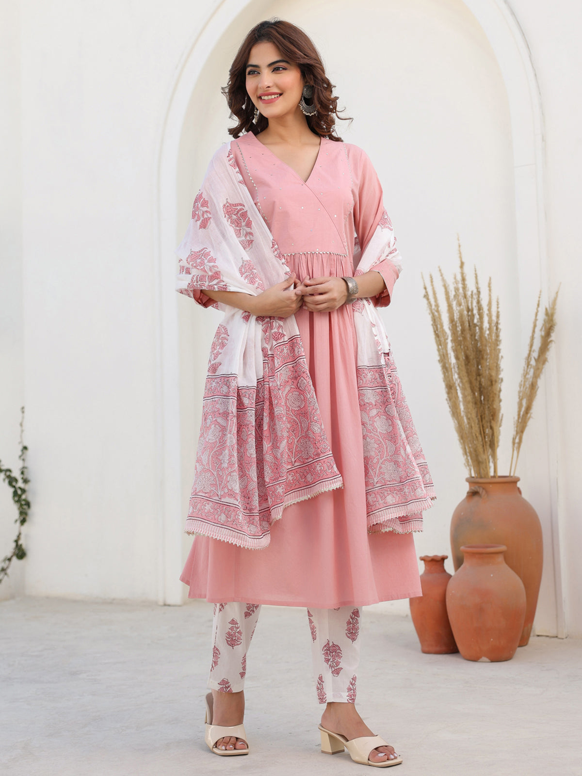 Janasya Light Cotton Embellished A-Line Kurta Set | Grocsy