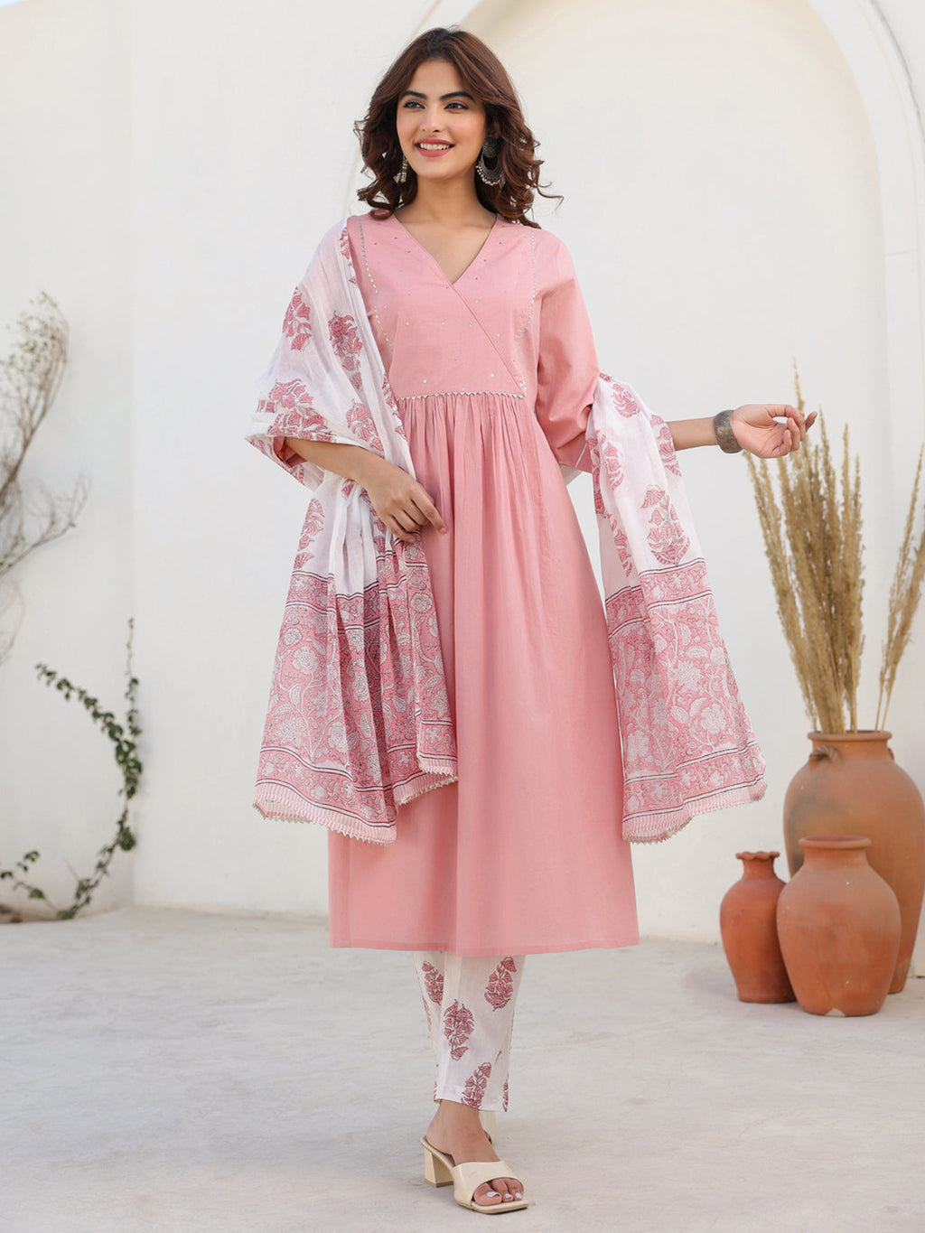 Janasya Light Cotton Embellished A-Line Kurta Set | Grocsy