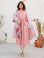 Janasya Light Cotton Embellished A-Line Kurta Set | Grocsy