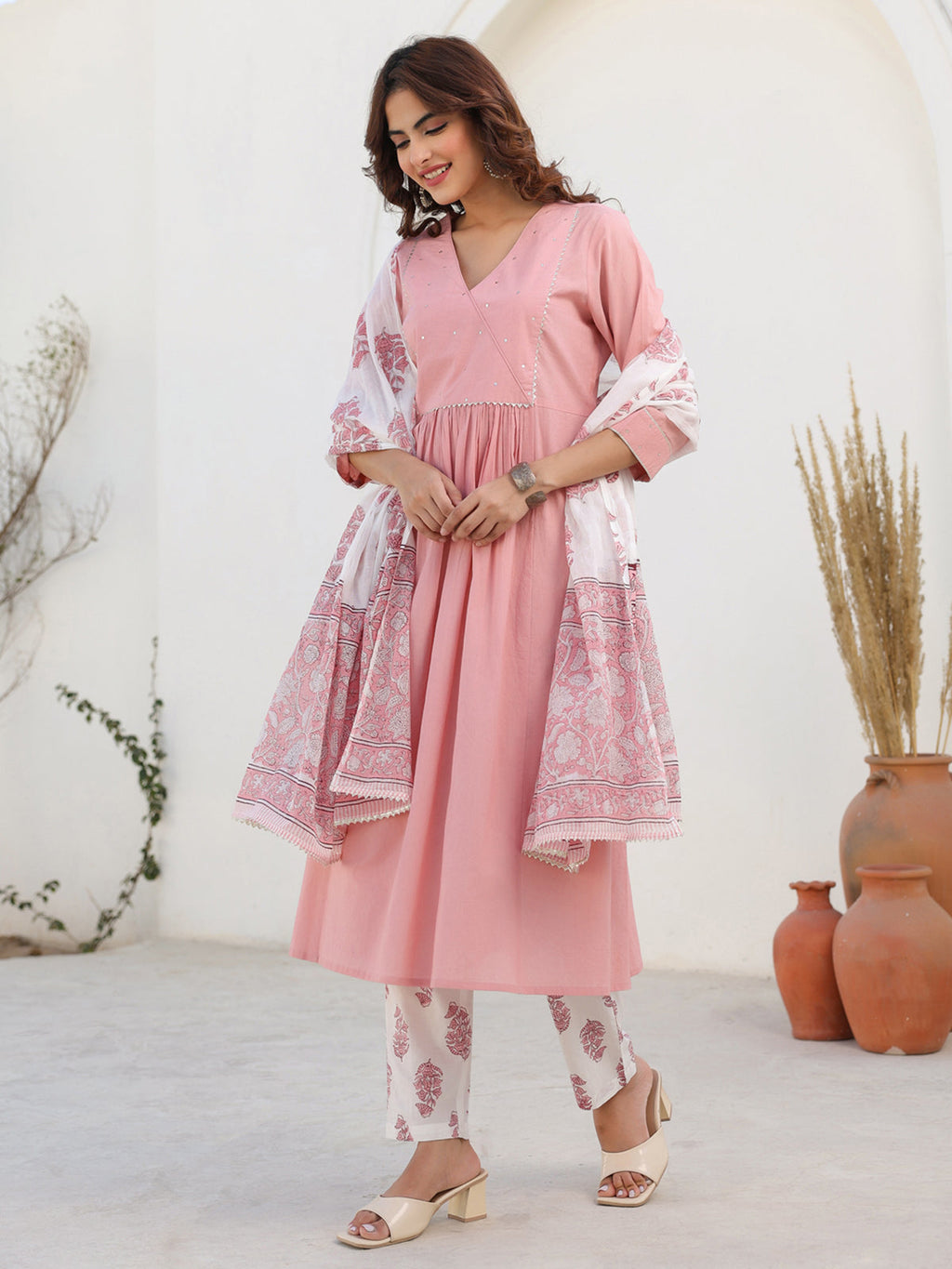 Janasya Light Cotton Embellished A-Line Kurta Set | Grocsy