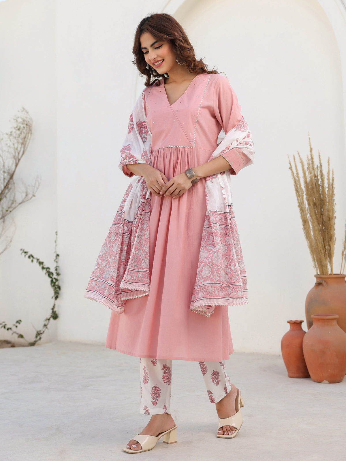 Janasya Light Cotton Embellished A-Line Kurta Set | Grocsy