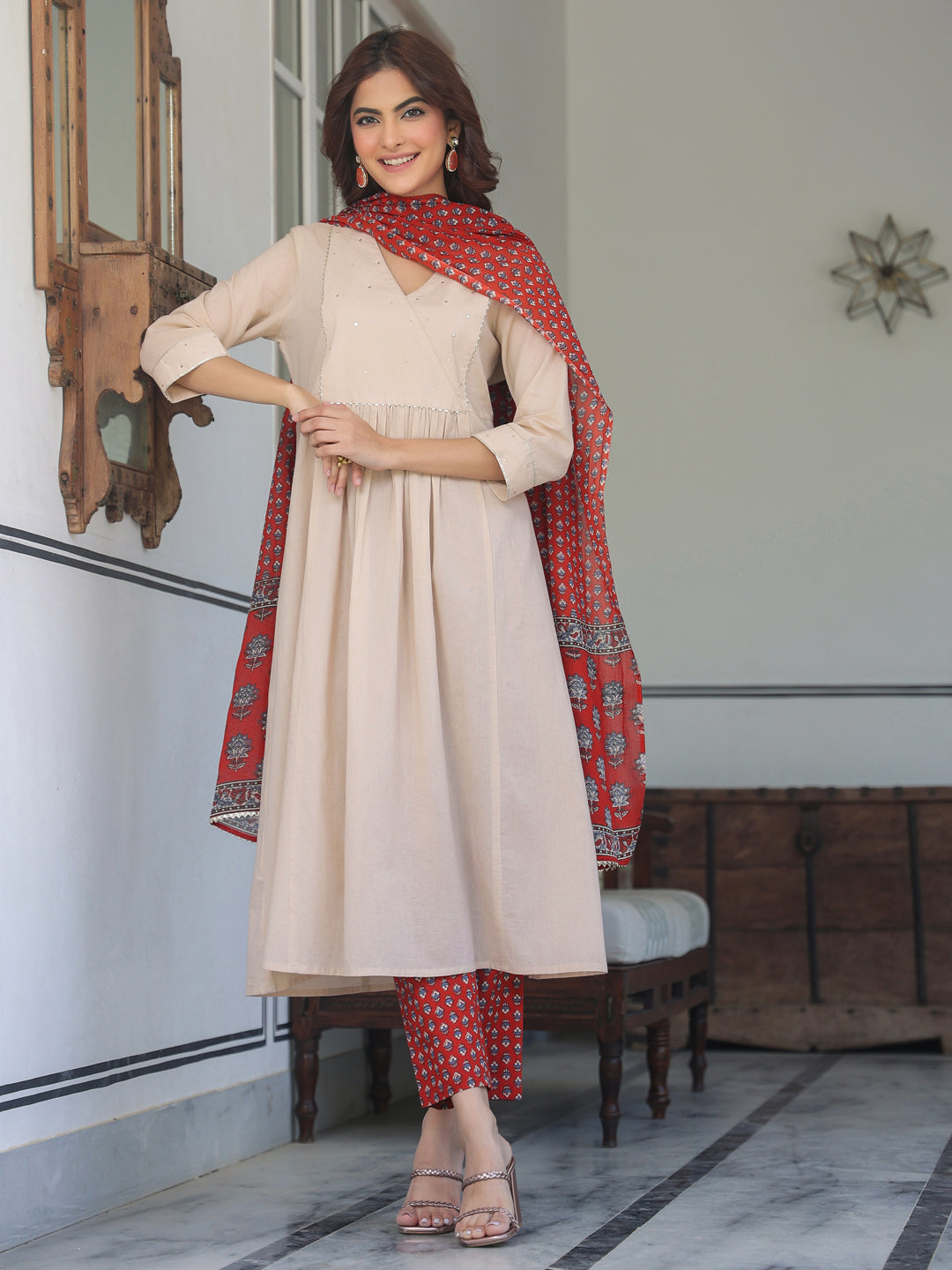 Janasya Light Cotton Solid A-Line Kurta Set | Grocsy