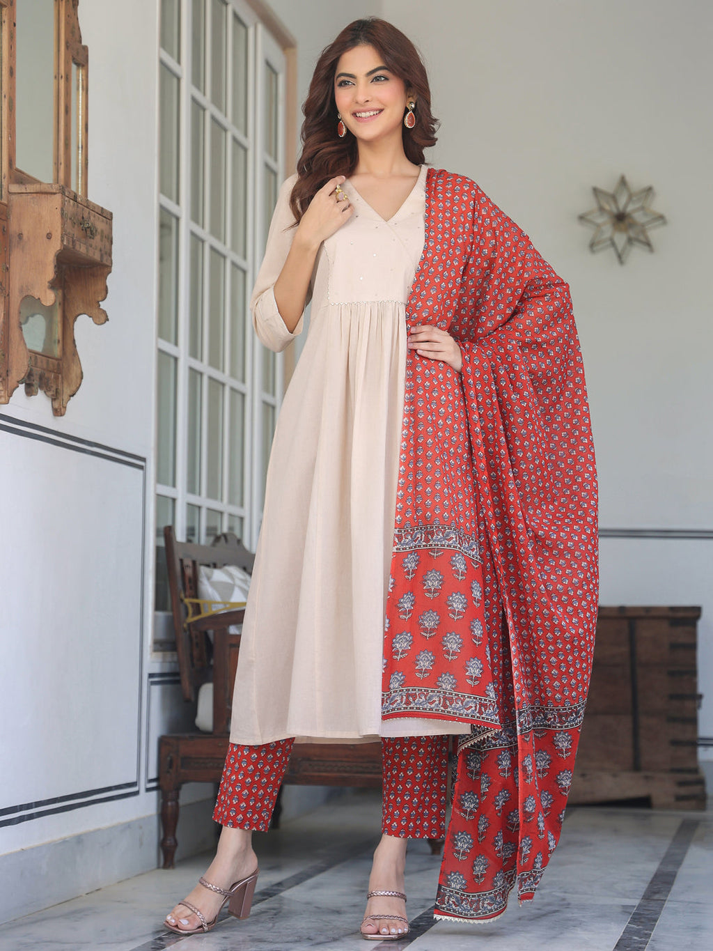 Janasya Light Cotton Solid A-Line Kurta Set | Grocsy