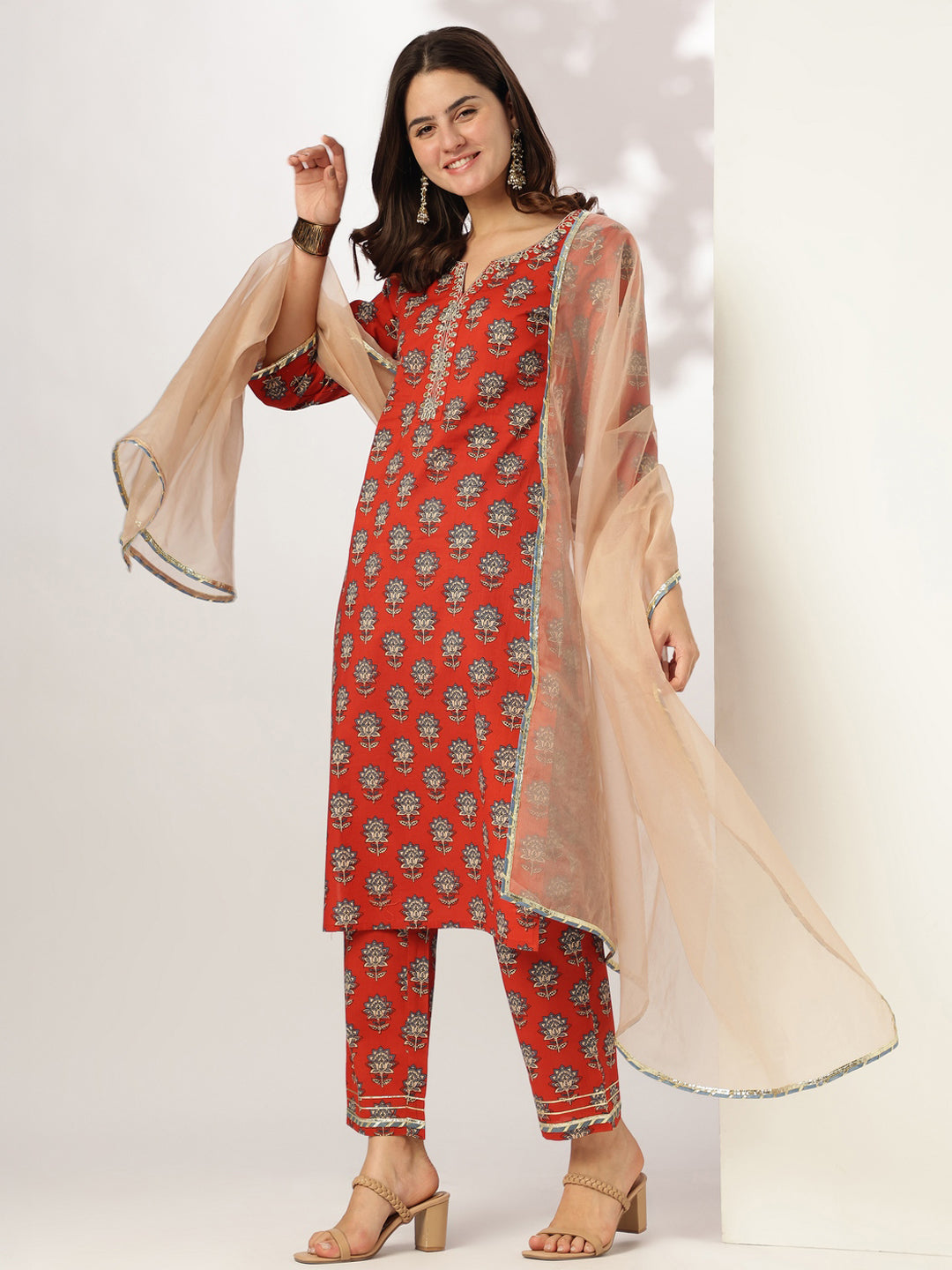 Janasya Bright Cotton Floral Straight Kurta Set | Grocsy
