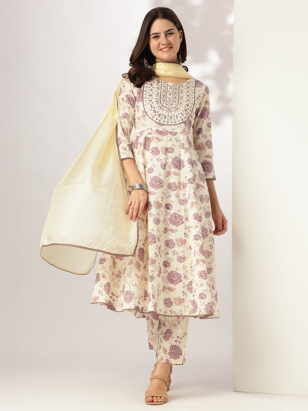 Janasya Light Cotton Floral Anarkali Kurta Set | Grocsy