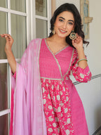 Janasya Bright Cotton Floral A-Line Kurta Set | Grocsy