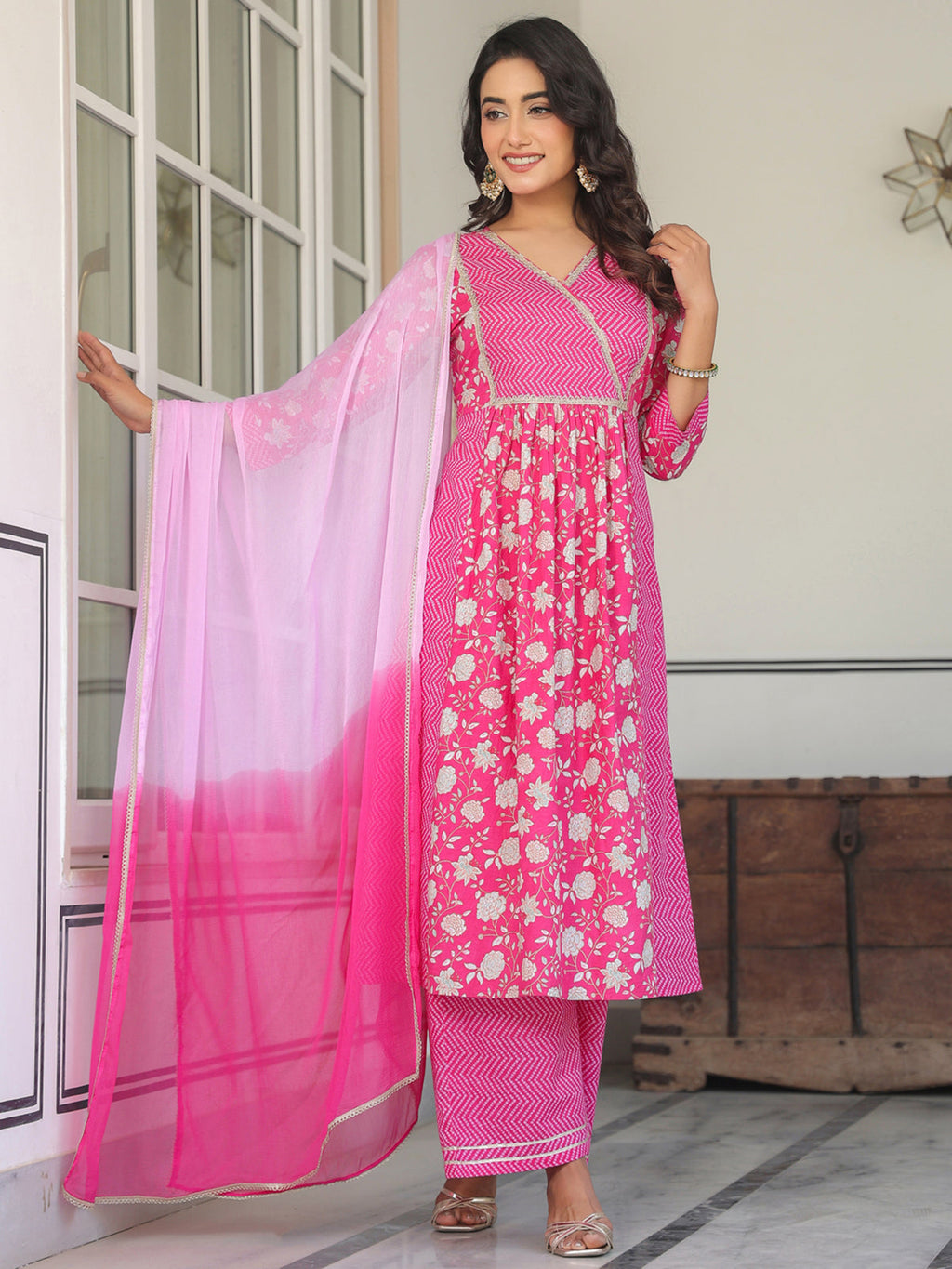 Janasya Bright Cotton Floral A-Line Kurta Set | Grocsy