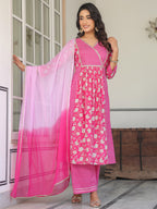 Janasya Bright Cotton Floral A-Line Kurta Set | Grocsy
