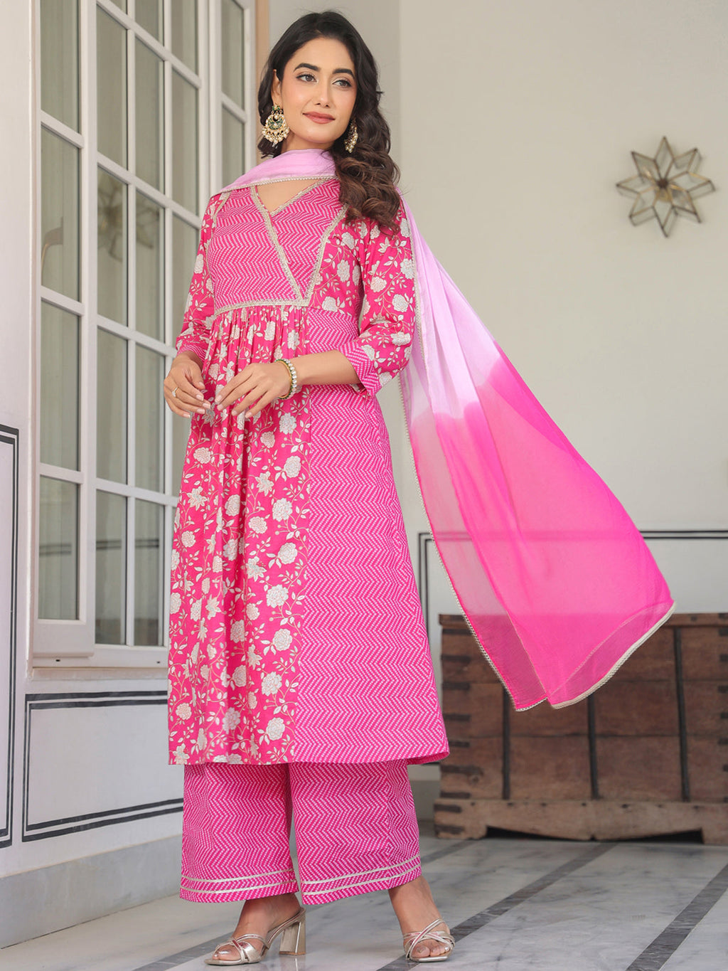Janasya Bright Cotton Floral A-Line Kurta Set | Grocsy