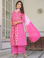 Janasya Bright Cotton Floral A-Line Kurta Set | Grocsy