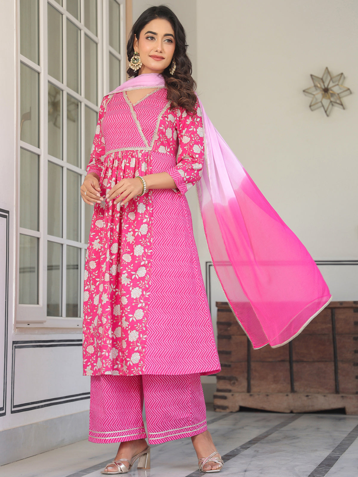Janasya Bright Cotton Floral A-Line Kurta Set | Grocsy