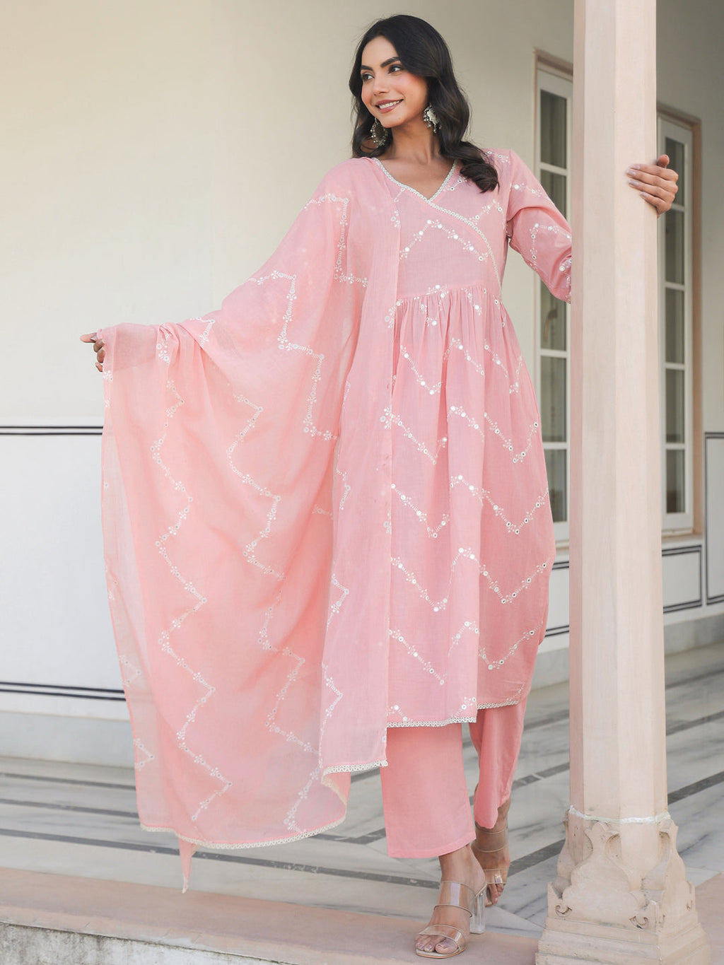 Janasya Light Cotton Embroidered A-Line Kurta Set | Grocsy
