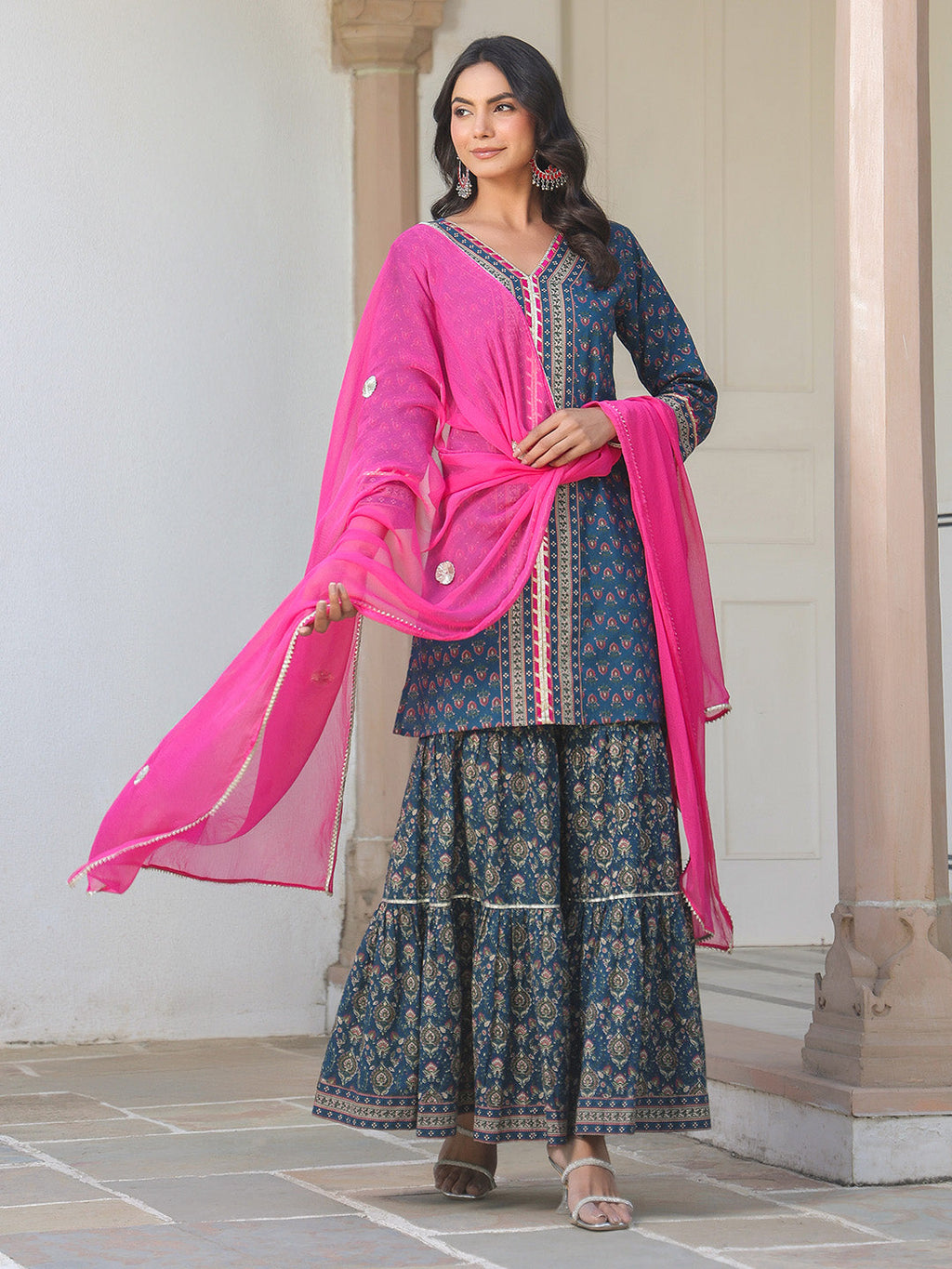 Janasya Dark Cotton Ethnic Motifs A-Line Kurta Set | Grocsy