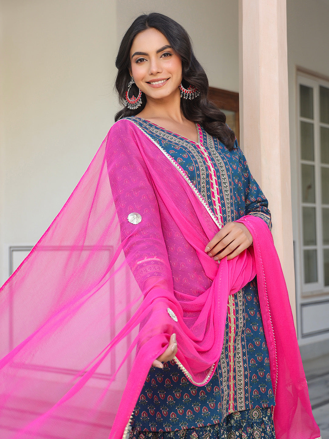 Janasya Dark Cotton Ethnic Motifs A-Line Kurta Set | Grocsy