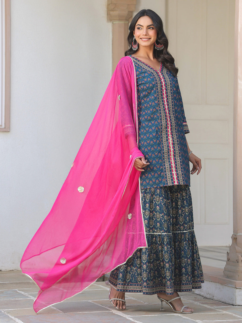 Janasya Dark Cotton Ethnic Motifs A-Line Kurta Set | Grocsy