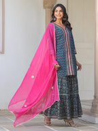 Janasya Dark Cotton Ethnic Motifs A-Line Kurta Set | Grocsy