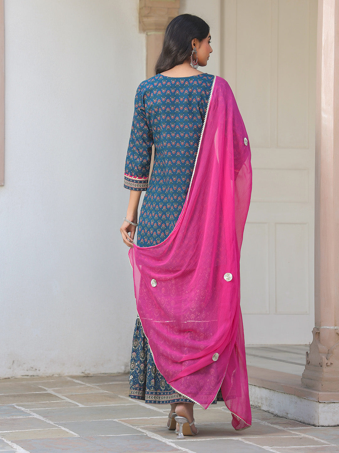 Janasya Dark Cotton Ethnic Motifs A-Line Kurta Set | Grocsy
