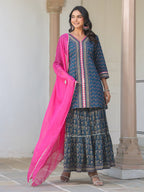 Janasya Dark Cotton Ethnic Motifs A-Line Kurta Set | Grocsy