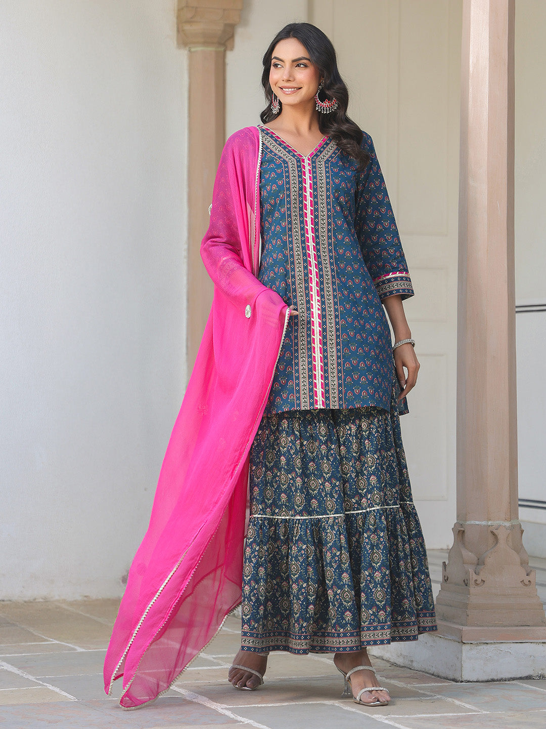 Janasya Dark Cotton Ethnic Motifs A-Line Kurta Set | Grocsy