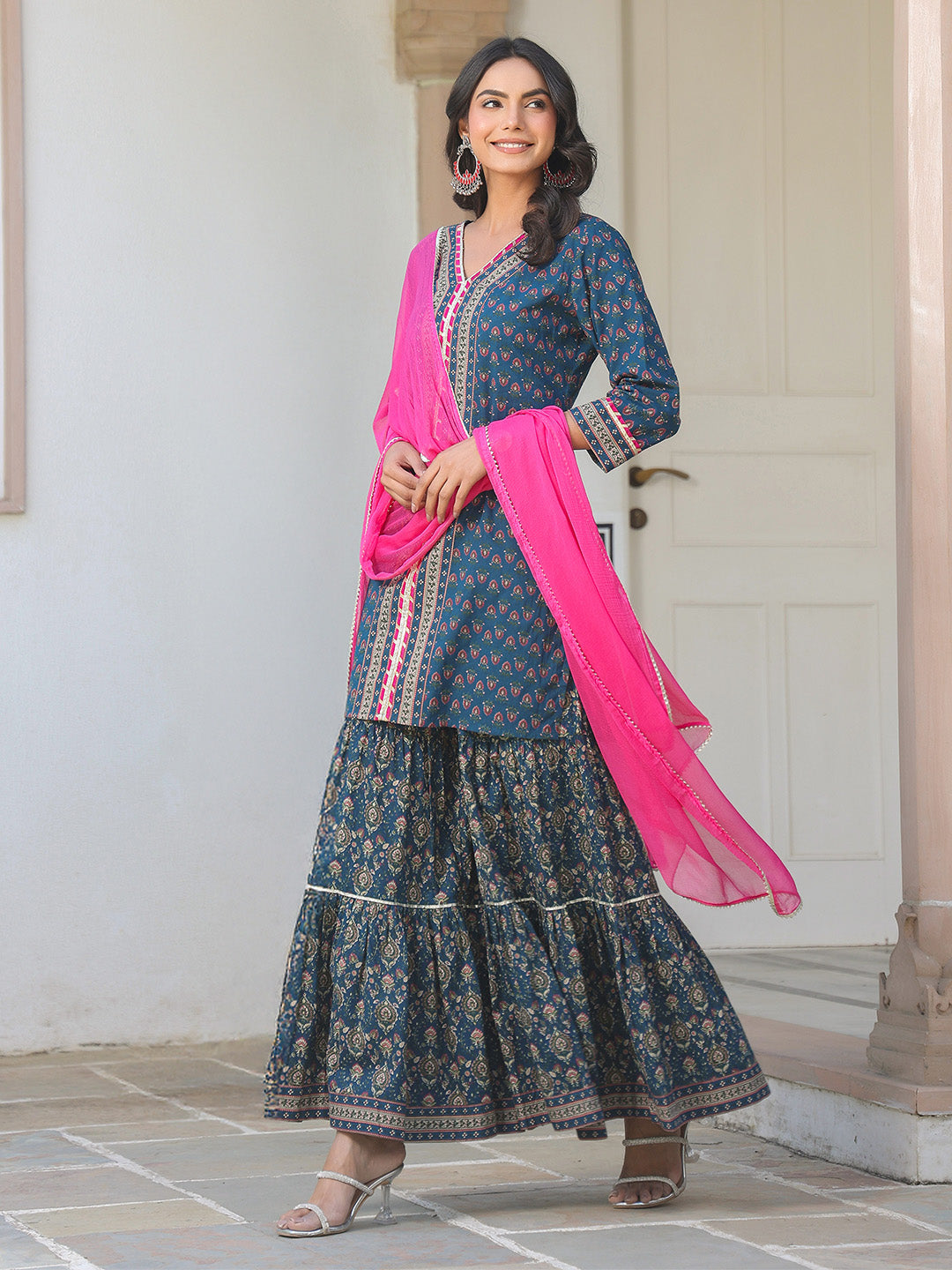 Janasya Dark Cotton Ethnic Motifs A-Line Kurta Set | Grocsy