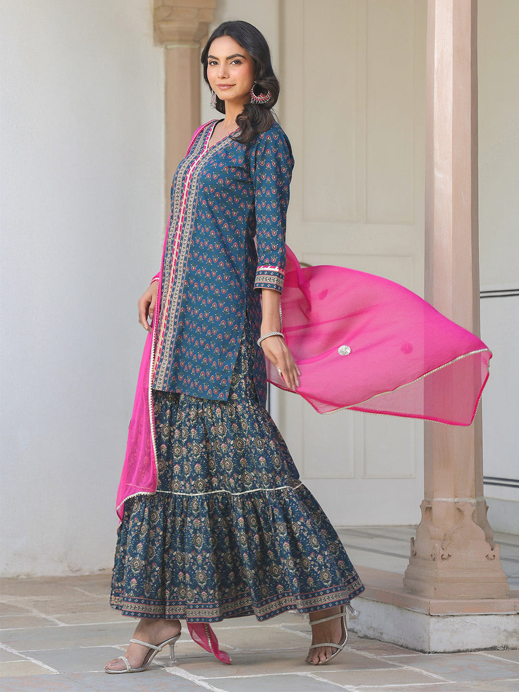 Janasya Dark Cotton Ethnic Motifs A-Line Kurta Set | Grocsy