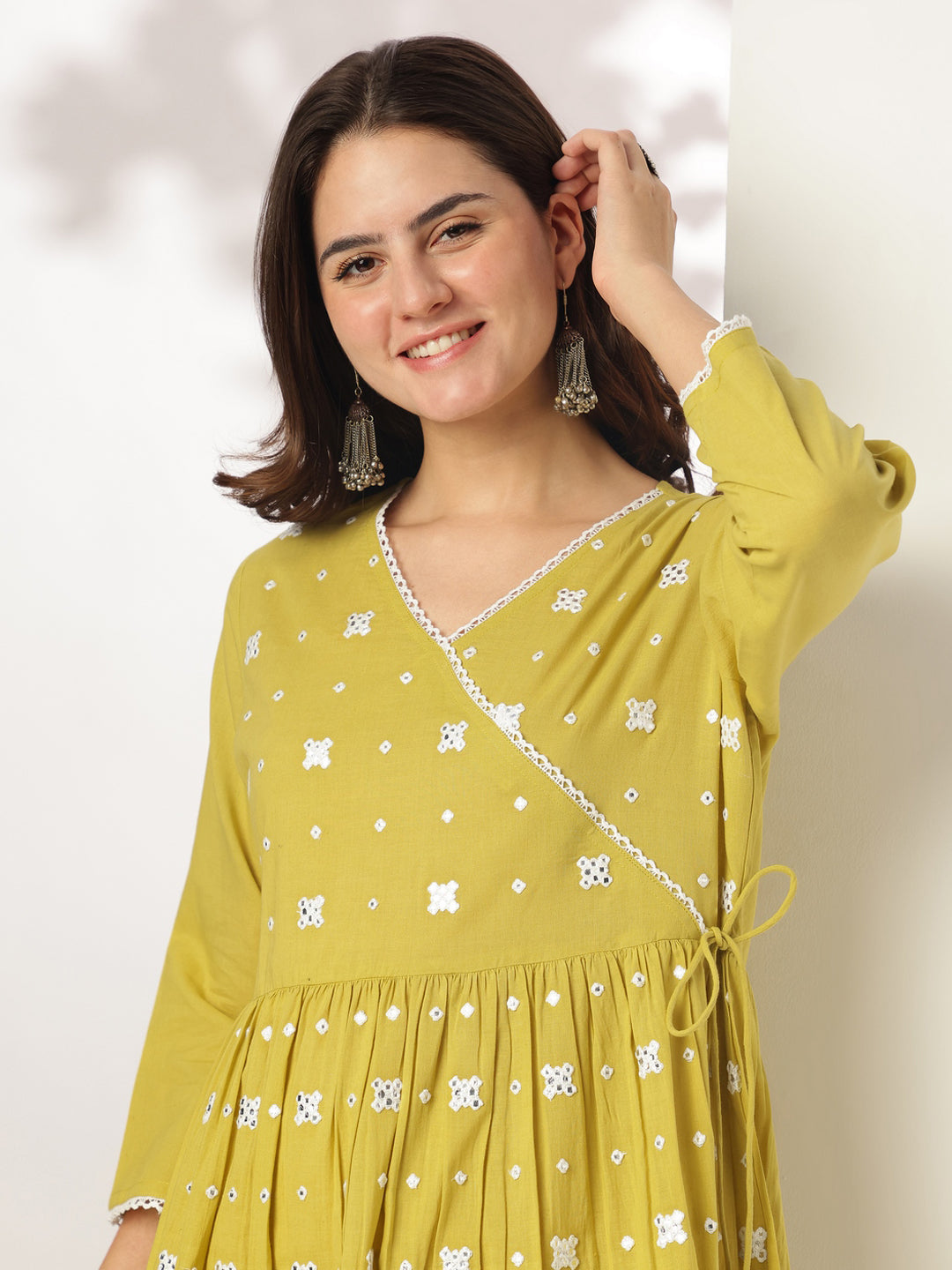 Janasya Bright Cotton Embroidered Angrakha Kurta Set | Grocsy