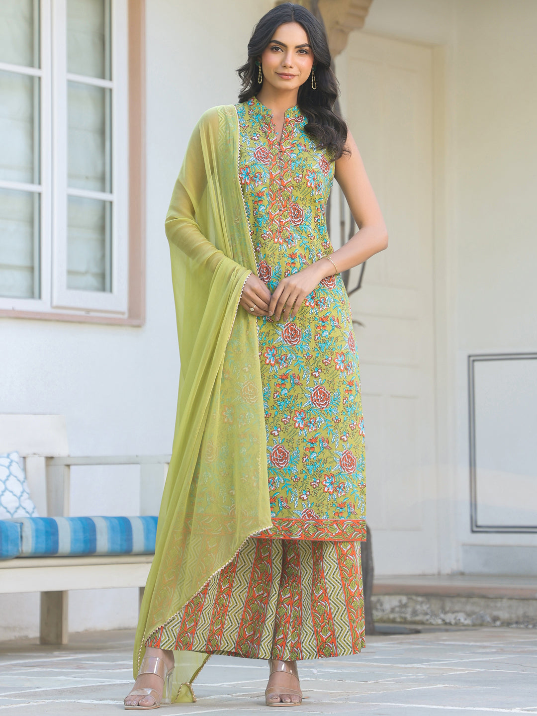 Janasya Bright Cotton Floral Straight Kurta Set | Grocsy