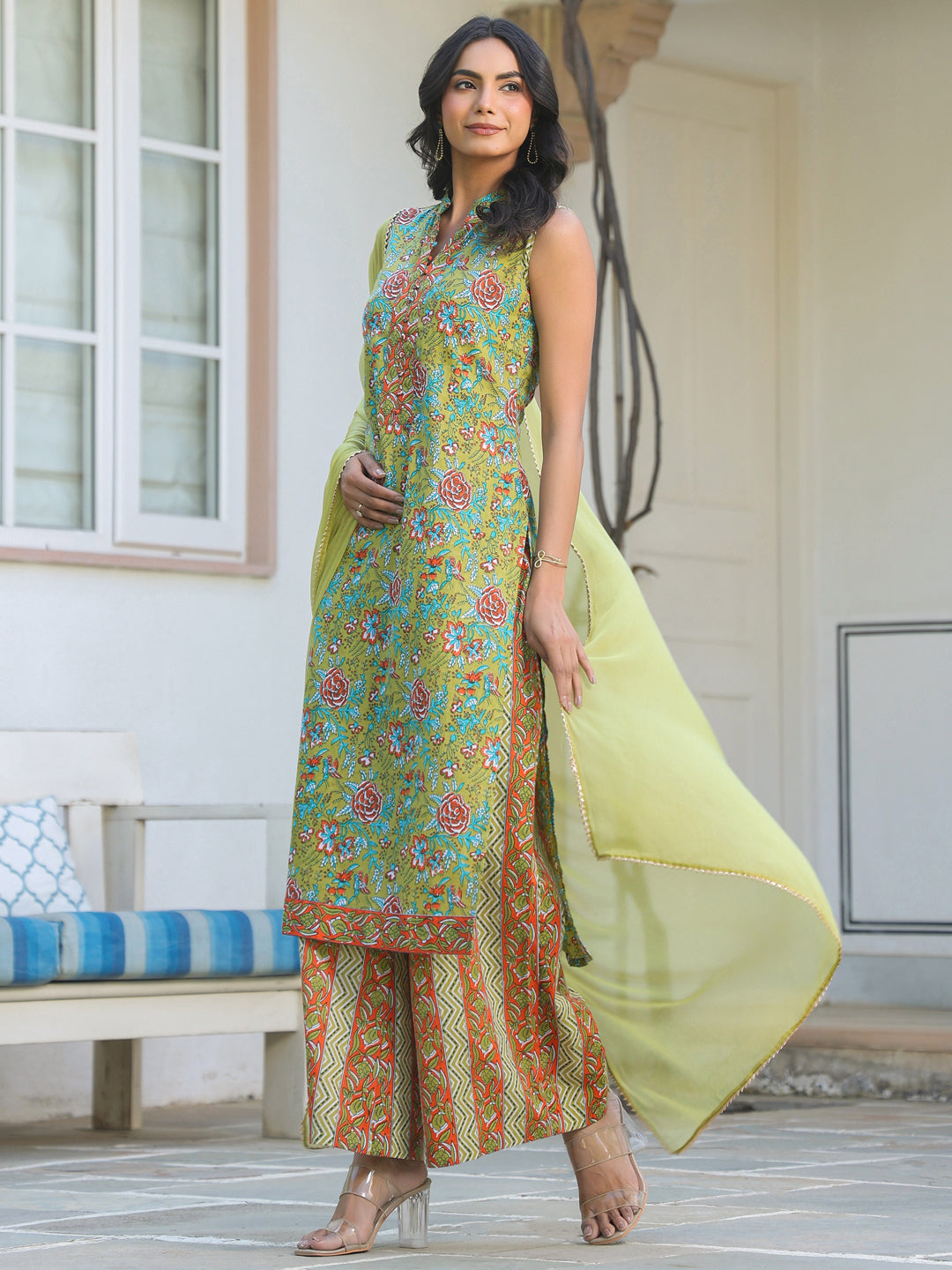 Janasya Bright Cotton Floral Straight Kurta Set | Grocsy