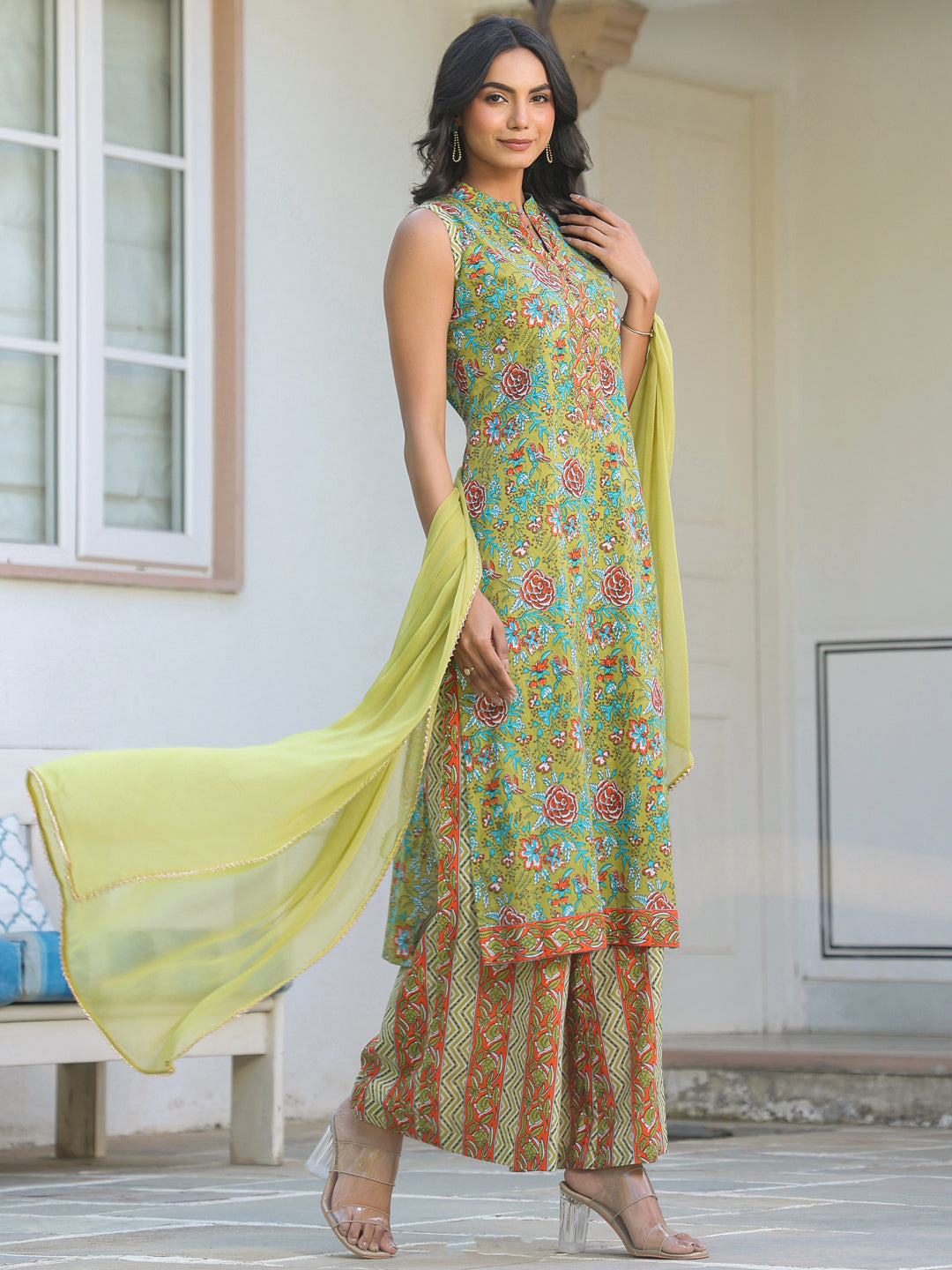 Janasya Bright Cotton Floral Straight Kurta Set | Grocsy