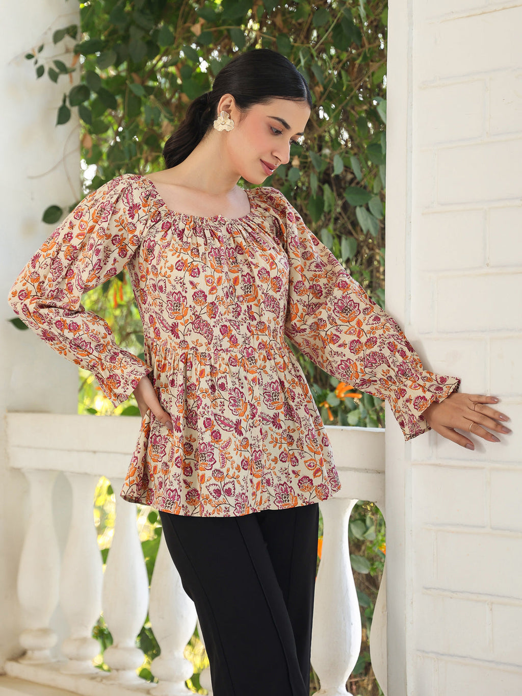 Janasya Light Cotton Floral Peplum Top | Grocsy