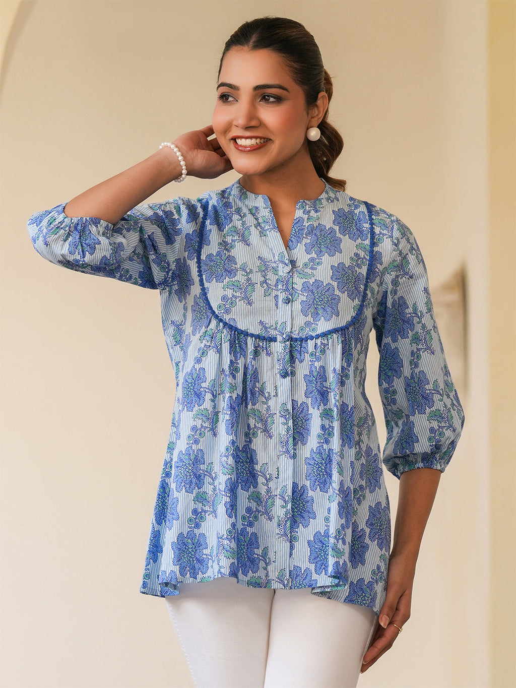 Janasya Light Cotton Floral A-Line Top | Grocsy
