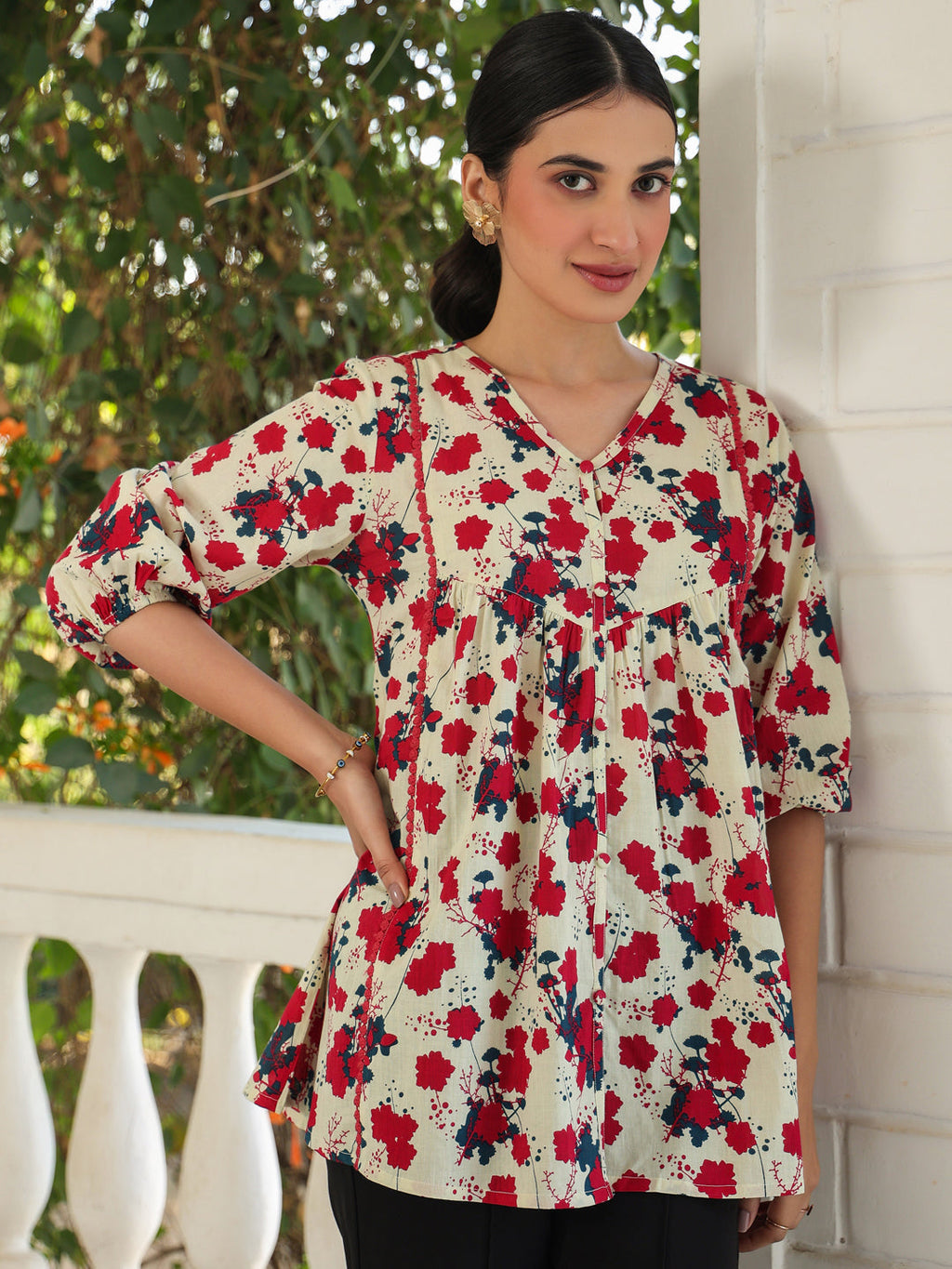 Janasya Light Cotton Floral A-Line Top | Grocsy