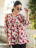 Janasya Light Cotton Floral A-Line Top | Grocsy