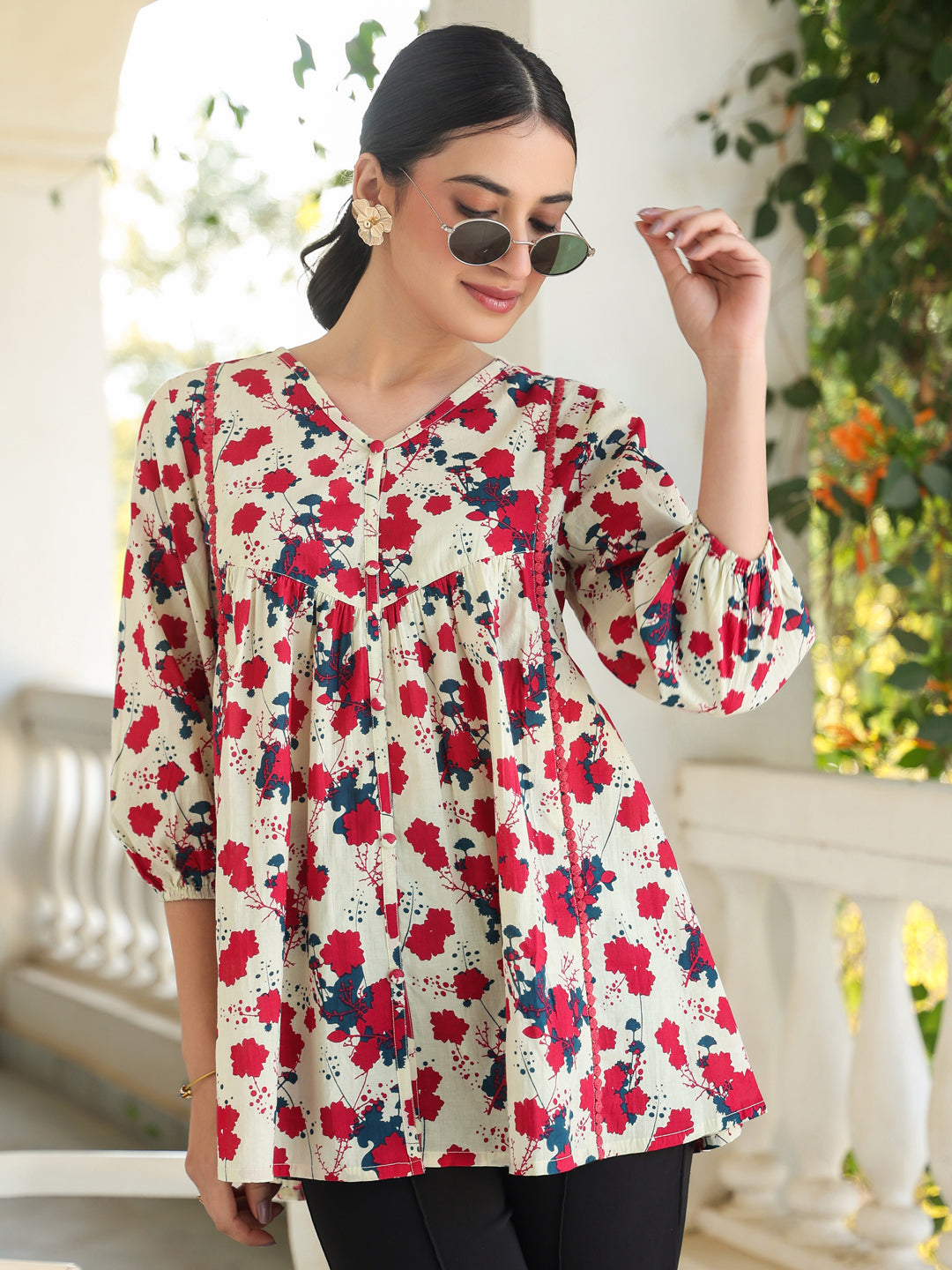 Janasya Light Cotton Floral A-Line Top | Grocsy