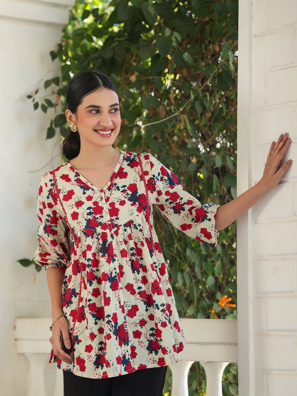 Janasya Light Cotton Floral A-Line Top | Grocsy