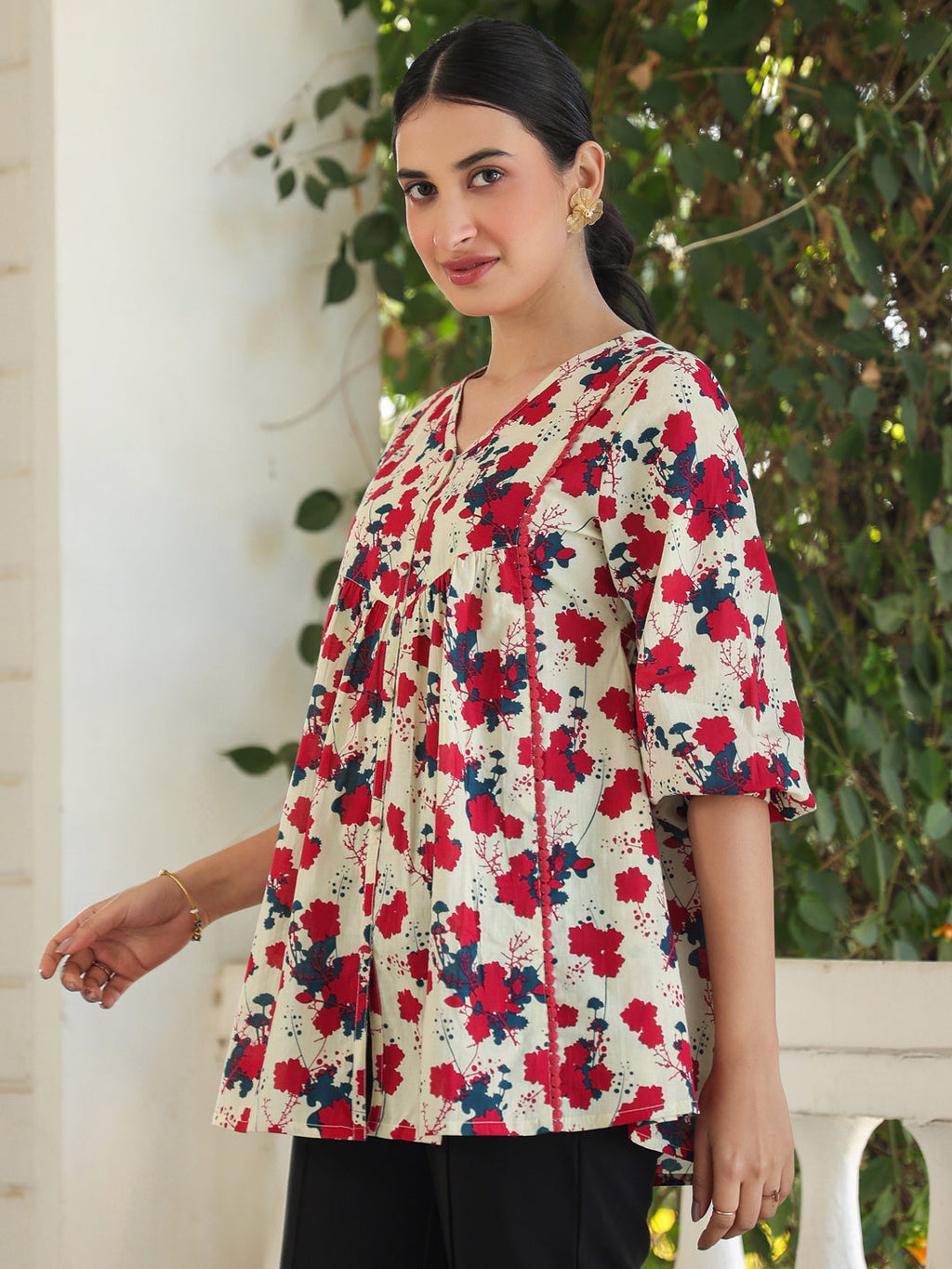 Janasya Light Cotton Floral A-Line Top | Grocsy