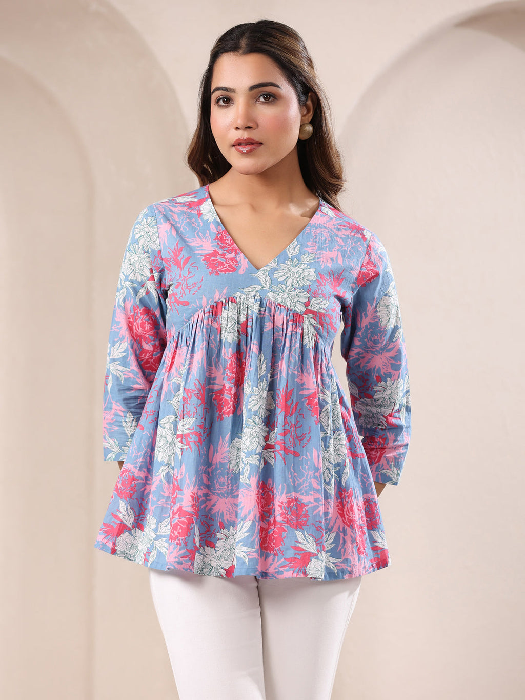 Janasya Light Cotton Floral A-Line Top | Grocsy