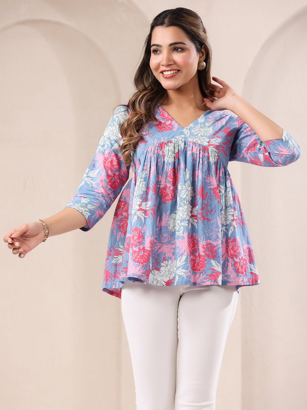 Janasya Light Cotton Floral A-Line Top | Grocsy
