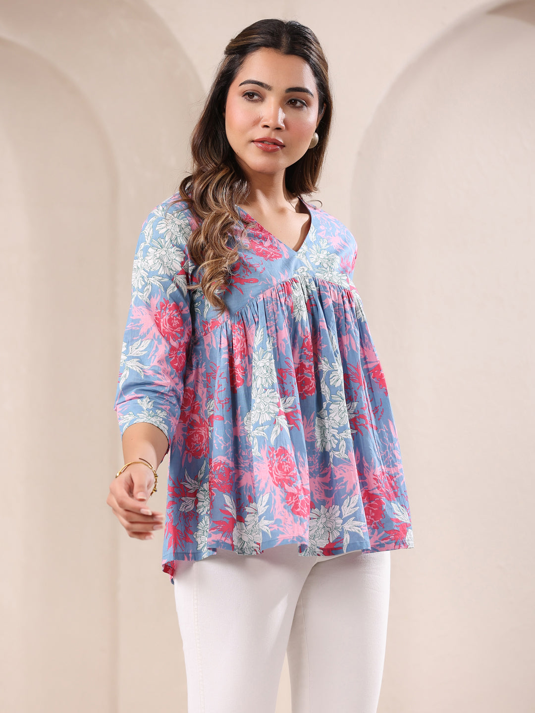 Janasya Light Cotton Floral A-Line Top | Grocsy