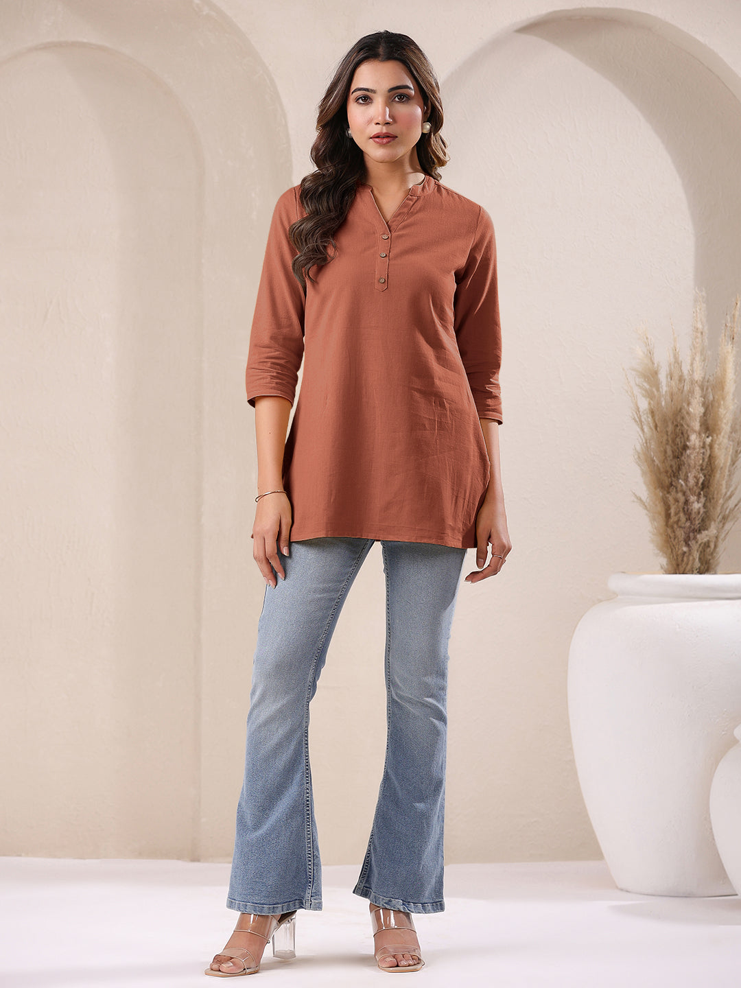 Janasya Dark Cotton Solid A-Line Top | Grocsy
