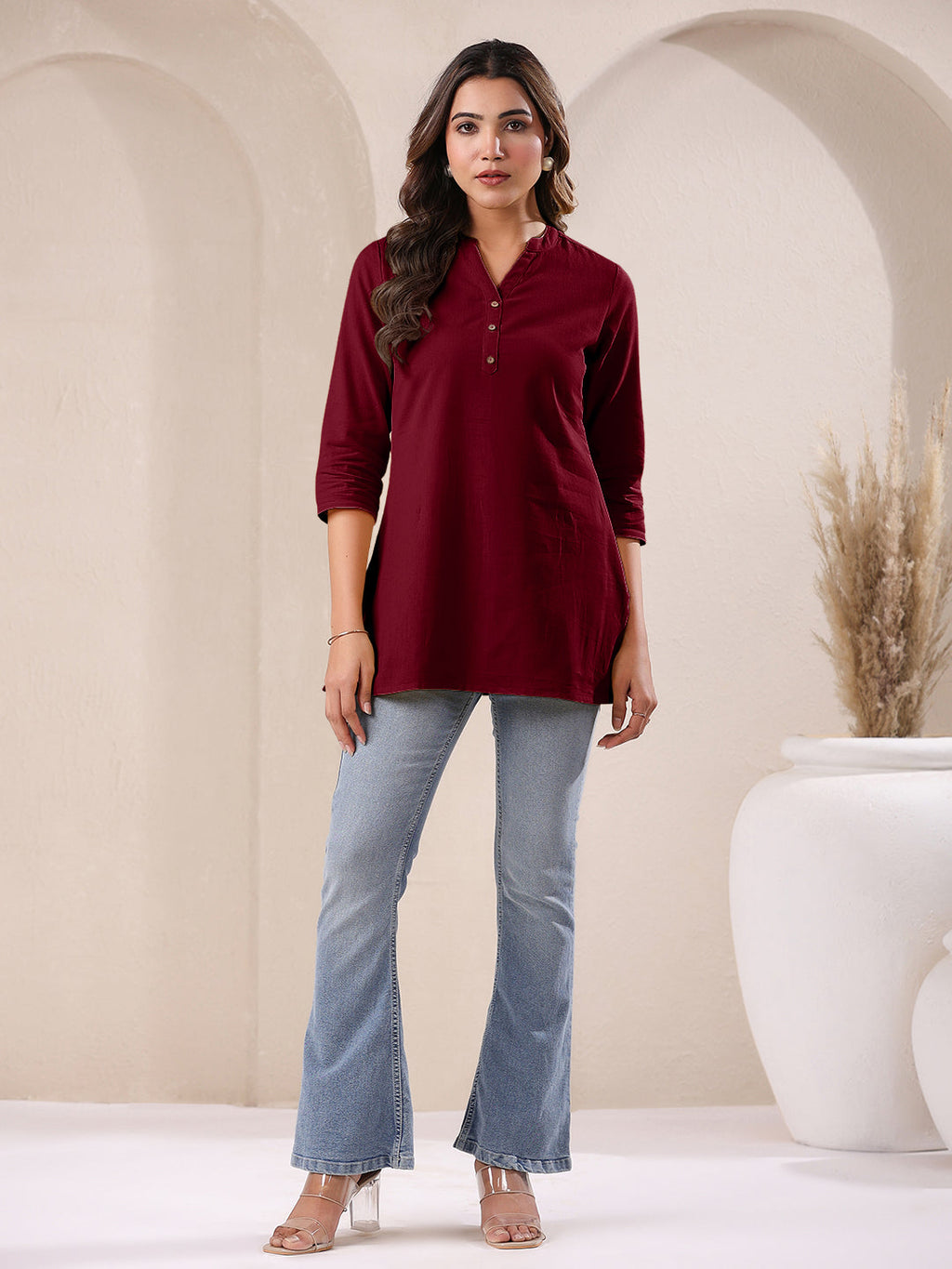 Janasya Dark Cotton Solid Straight TOP | Grocsy
