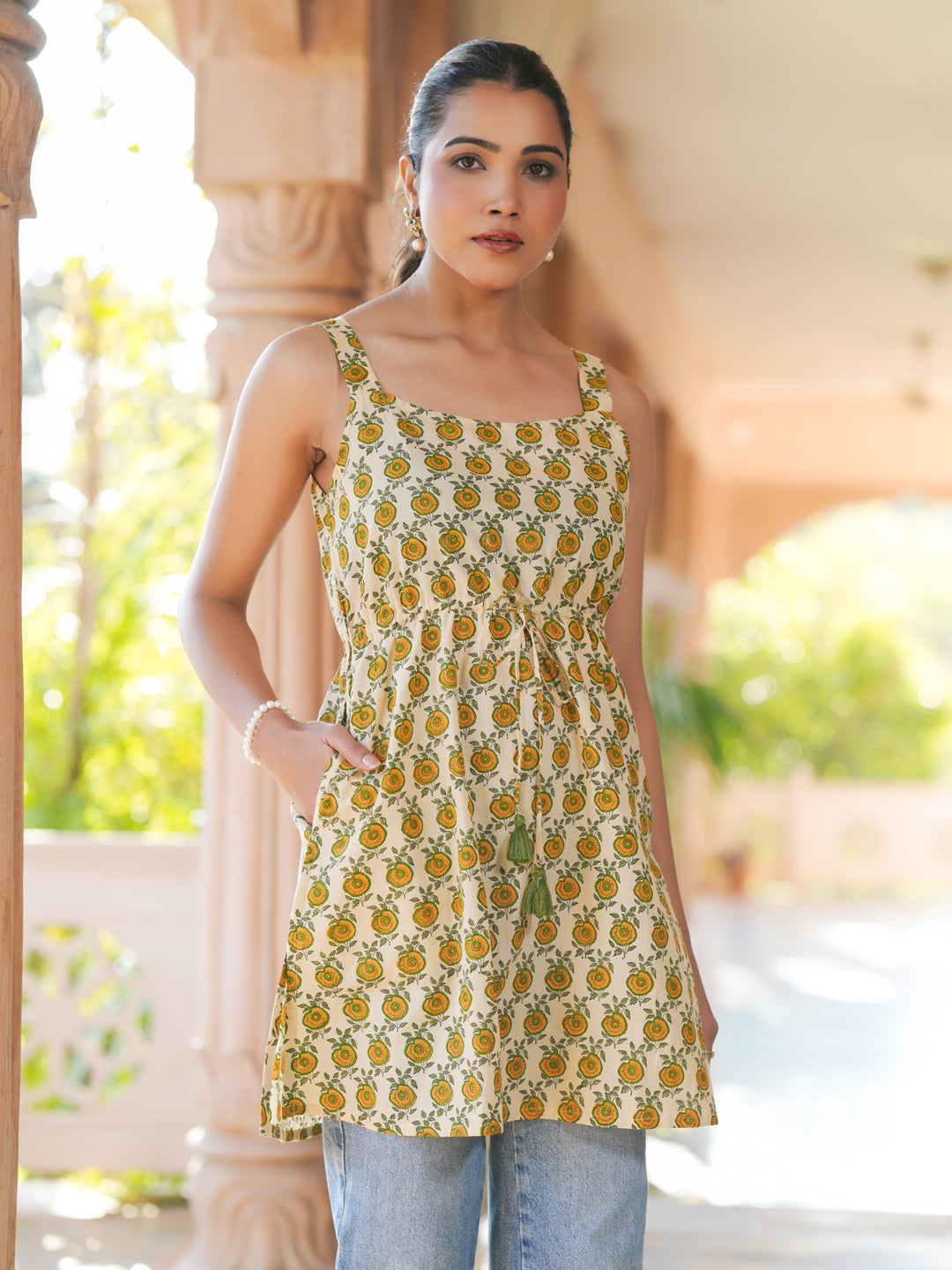 Janasya Light Cotton Floral A-Line Tunic | Grocsy