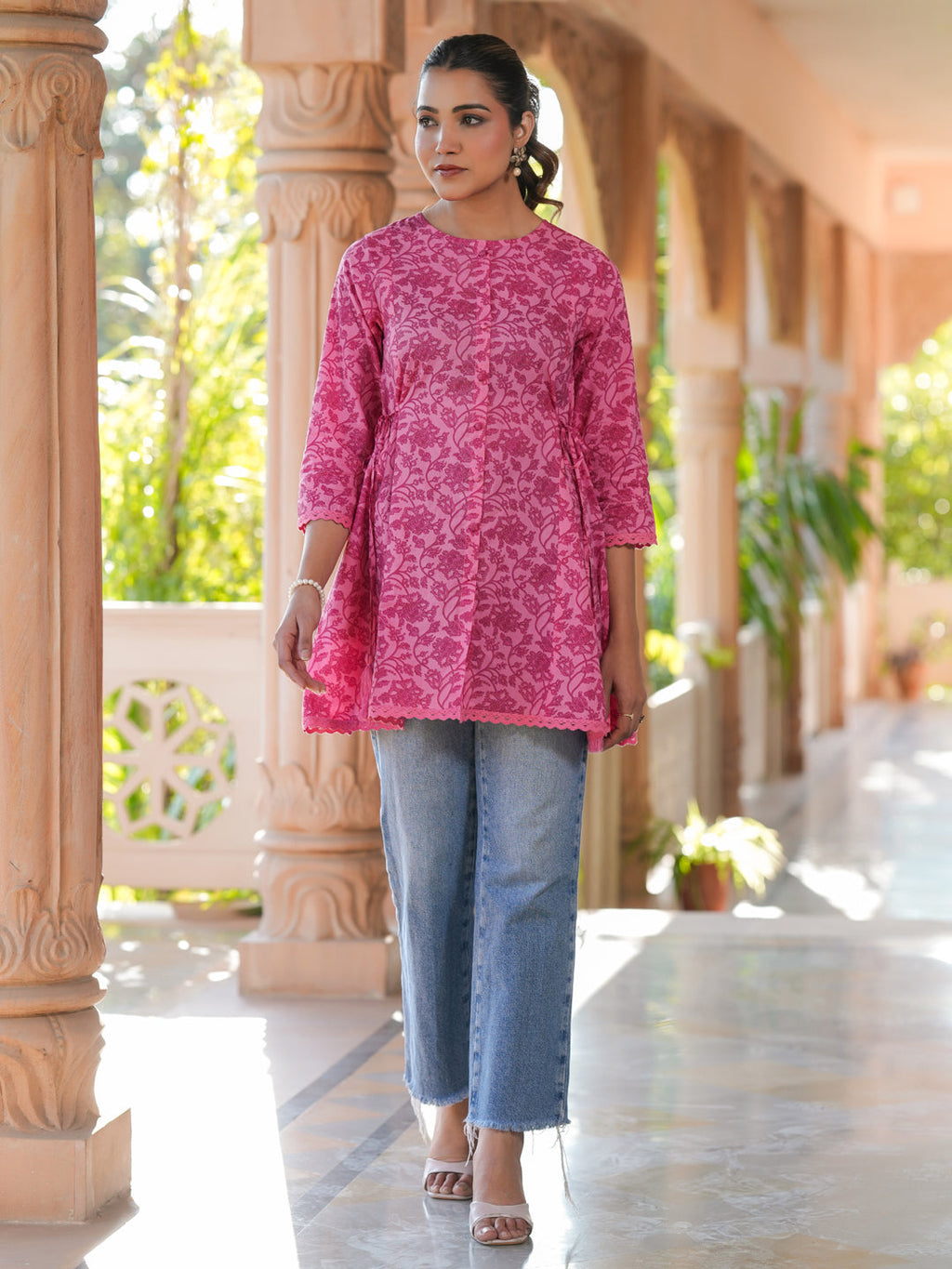 Janasya Dark Cotton Floral A-Line Tunic | Grocsy
