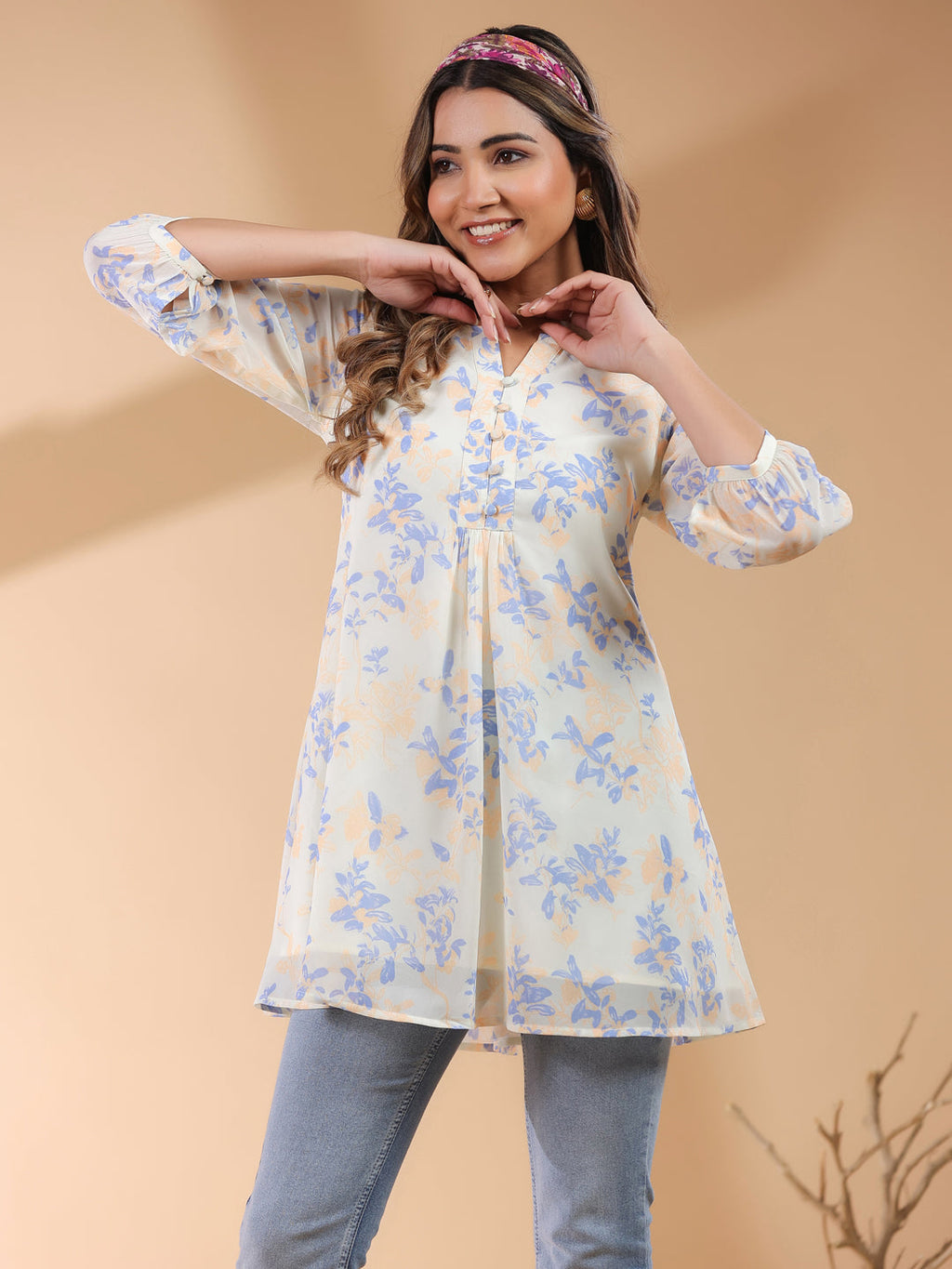 Janasya Light Georgette Floral A-Line Tunic | Grocsy