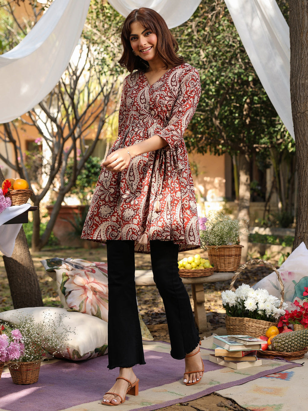 Janasya Dark Cotton Paisley A-Line Tunic | Grocsy