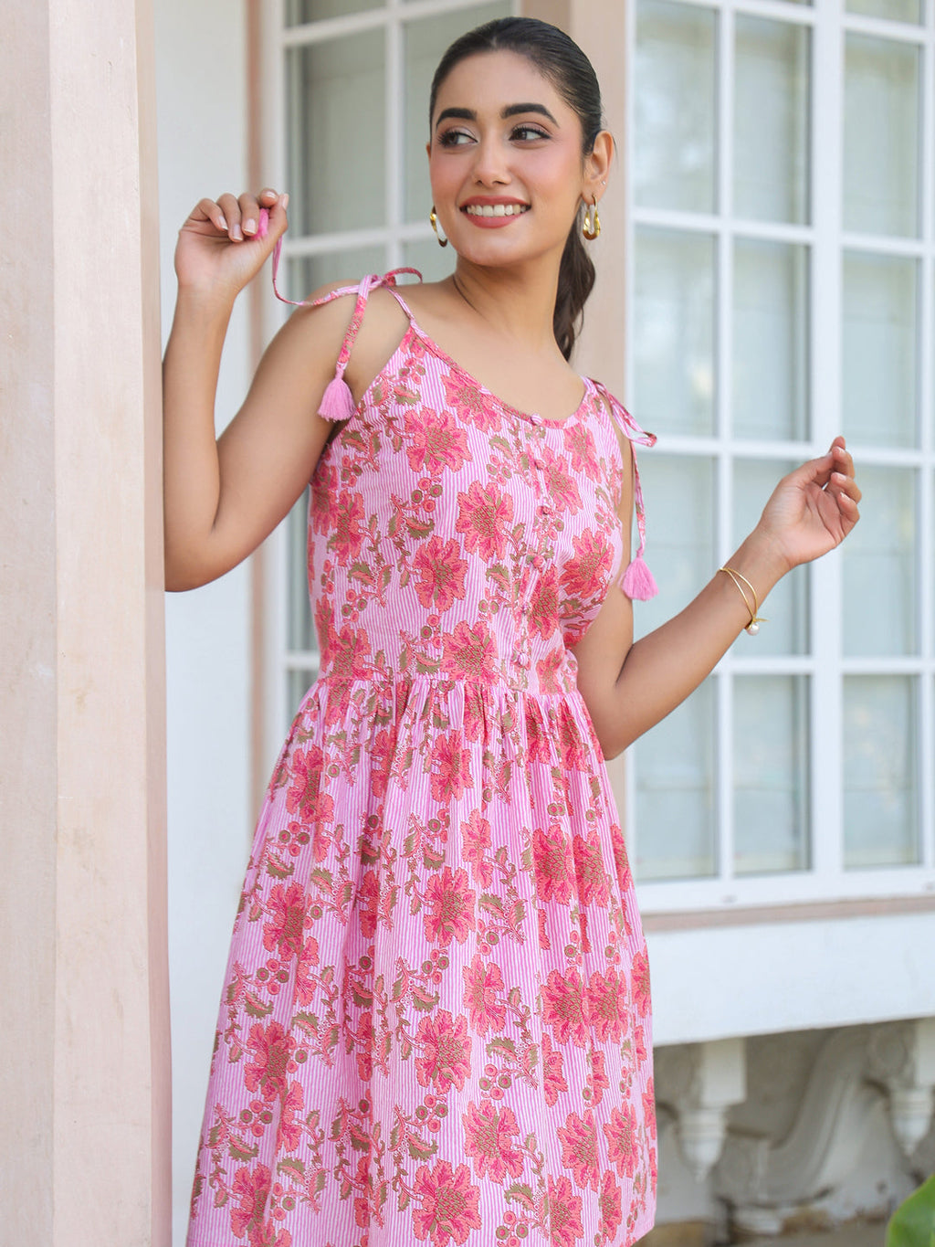 Janasya Bright Cotton Floral A-Line Tunic | Grocsy