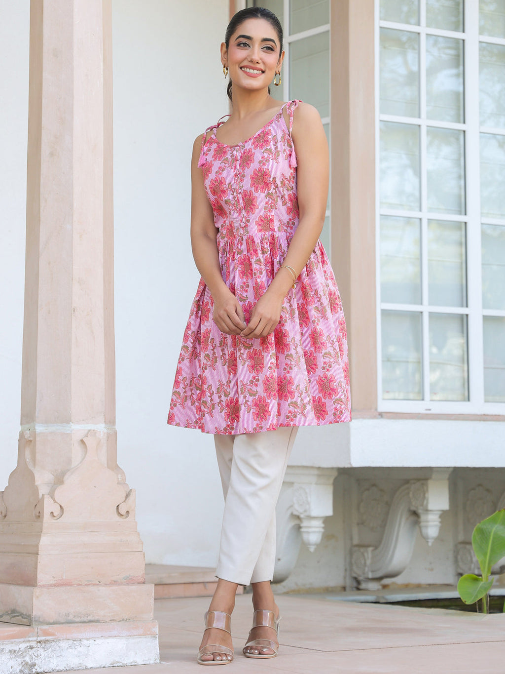 Janasya Bright Cotton Floral A-Line Tunic | Grocsy