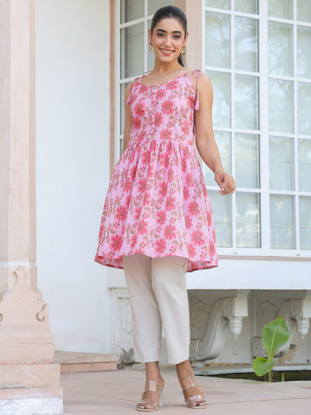 Janasya Bright Cotton Floral A-Line Tunic | Grocsy